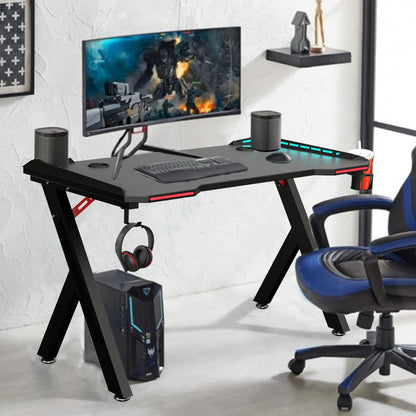 Gaming Desk PC Computer Gamer Desk Ergonomic Workstation with RGB LED Lights Headphone Hook Cup Holder for Home Offices