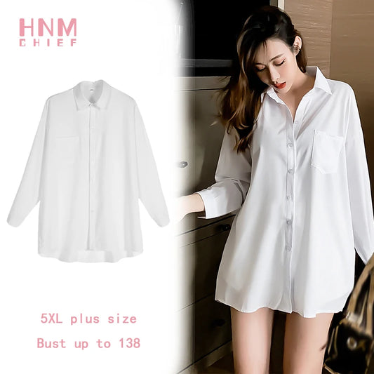 White Plus Size Sleep Shirt (S-5XL) Artificial Silk Nightie Sleepwear Women Evening Sleeper