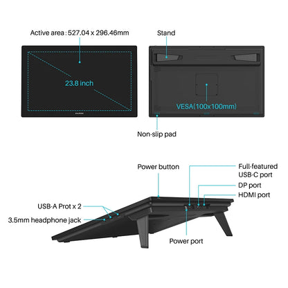 23.8 Inch HUION Graphics Tablet Kamvas Pro 24 4K Screen 140% sRGB Full-Laminated Professional Design Drawing Monitor