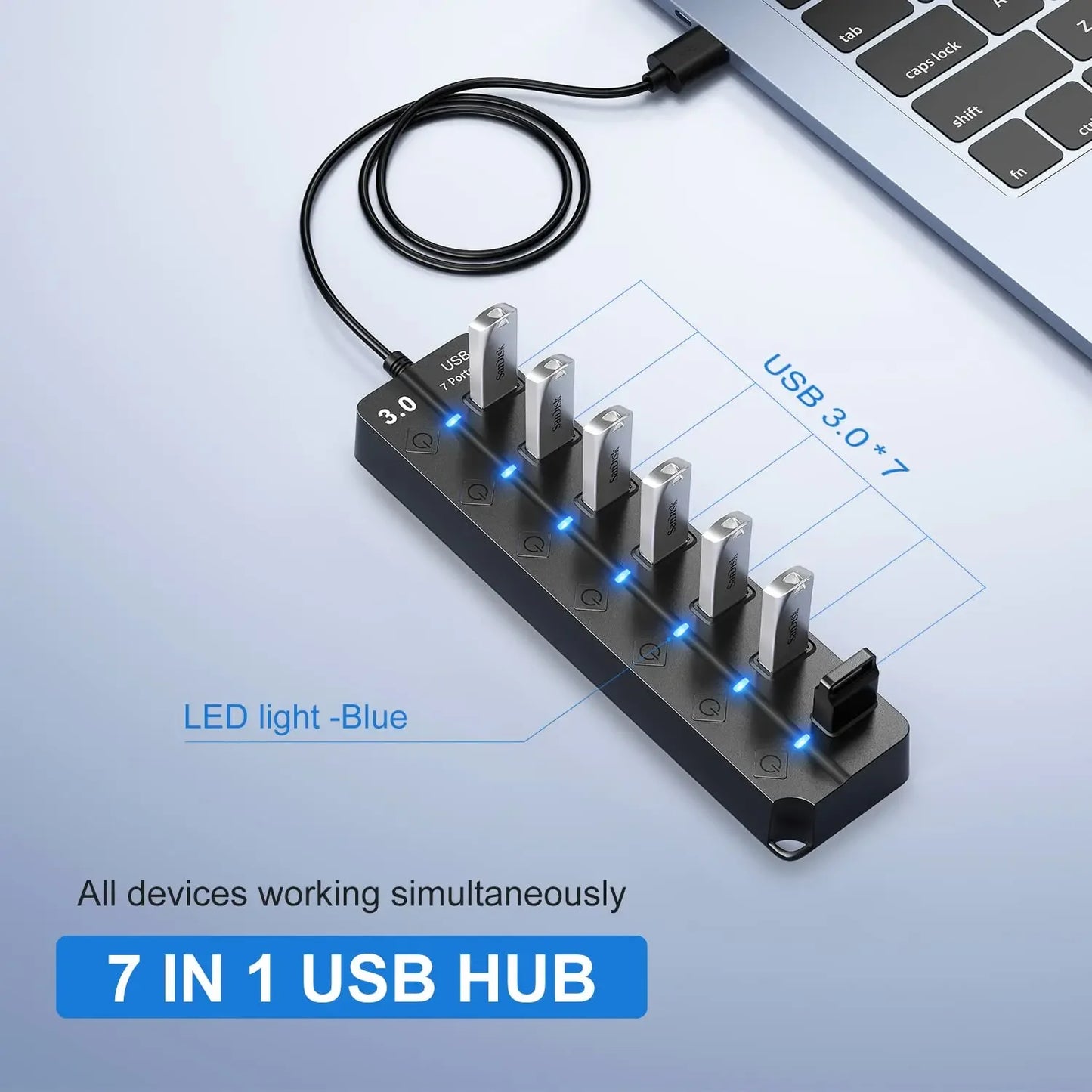 USB Hub 3.0 USB High Speed Splitter 7 Port 5Gbps Hub Power Adapter w/Switch Long Cable & Multi Expander Hub