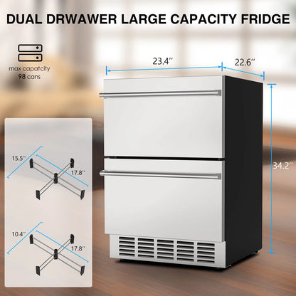 24 Inch Under Counter Double Drawer Fridge Indoor and Outdoor Beverage Refrigerator Stainless Steel Beverage Fridge  Foam Door