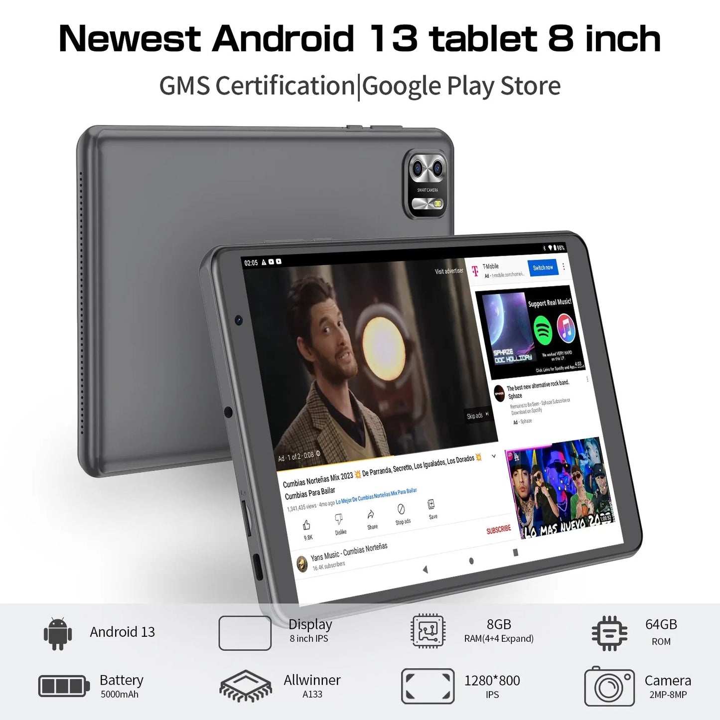 8 In Tablet Android 13, 8GB(4+4 Expand) RAM 64GB ROM,1TB Expand,1280x800  5000MAH Batt Camera, WiFi