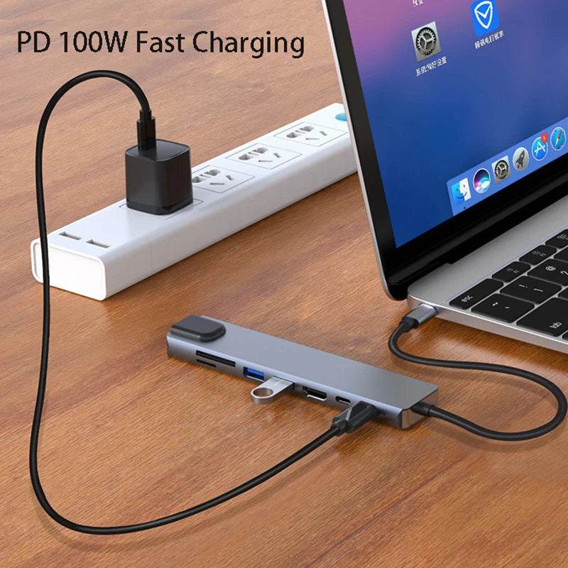 Type C USB 8 in 1 HUB with HDMI Laptop Converter USB C Adapter USB 3.0 2.0, Ethernet Cable OTG Card Reader/Charger