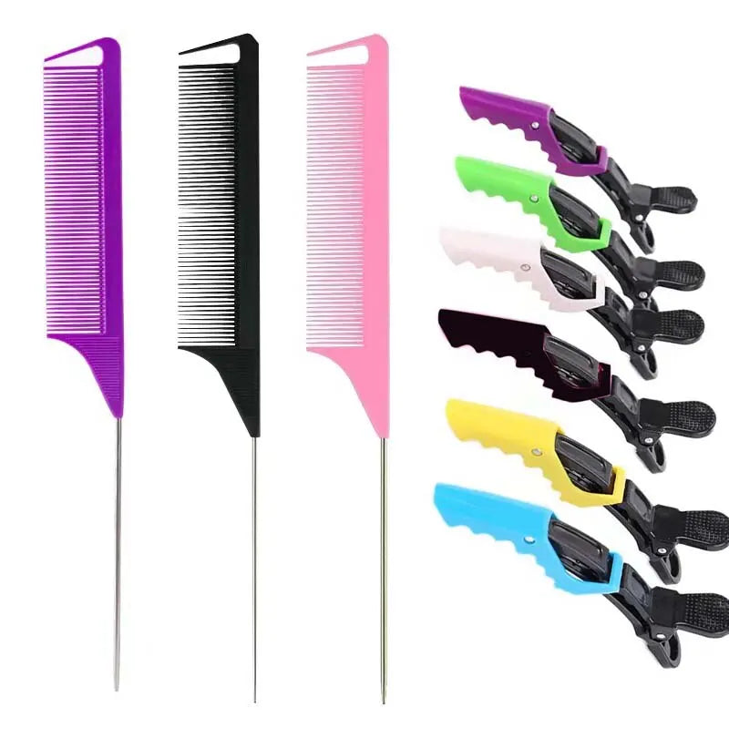 9PCS Alligator Clips / Steel Pins Pointed Tail Picking Comb Heat-resistant Professional Hairdressing