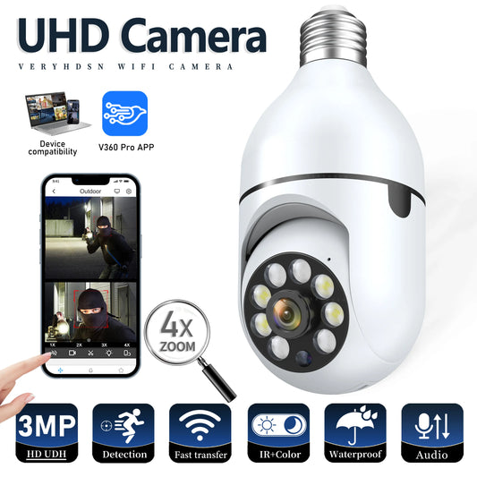 WIFI Indoor Camera 3MP E27 Bulb Surveillance 4X Digital Zoom AI Human Detect Full Color Night Vision Wireless