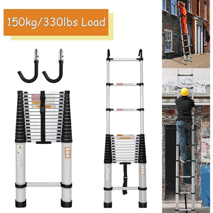 Telescoping Ladder 20.3ft Aluminum Folding Ladder w/2 Hooks, 330lbs Max Load. Anti-Slip Rubber Feet