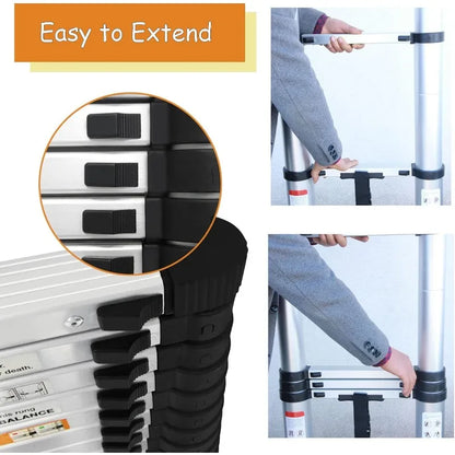 Telescoping Ladder 20.3ft Aluminum Folding Ladder w/2 Hooks, 330lbs Max Load. Anti-Slip Rubber Feet