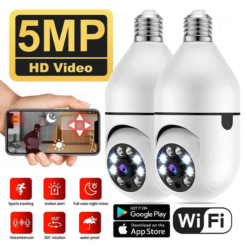 Wifi 5MP HD E27 Bulb Surveillance Cam Indoor 4X Digital Zoom AI Human Detect Full Color Night Vision Wireless Cam