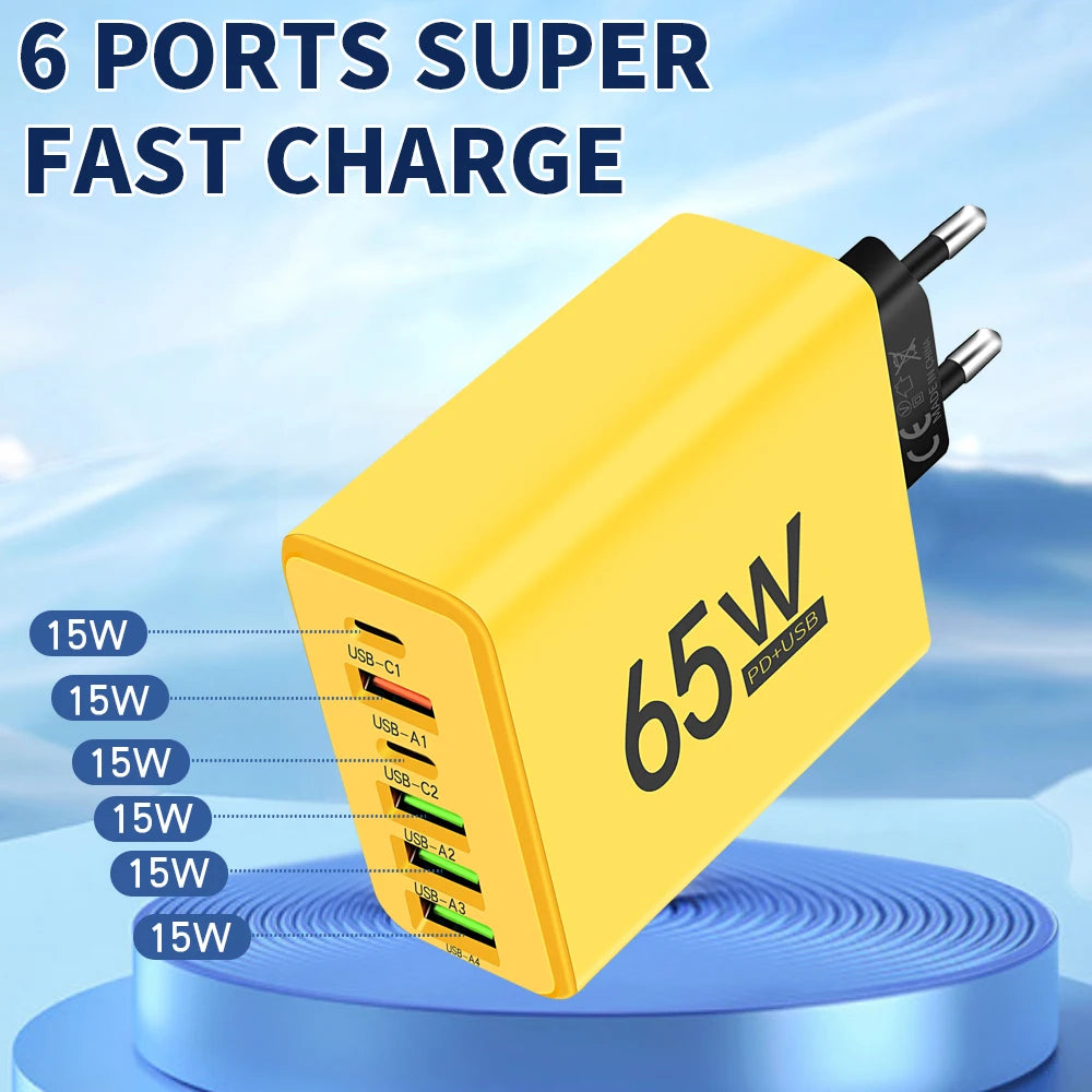 65W USB C Charger 6 Ports Fast Charging Wall Charger for iPhone 15 14 Pro Max Samsung Galaxy S23 Xiaomi 14 Mobile Phone Charger