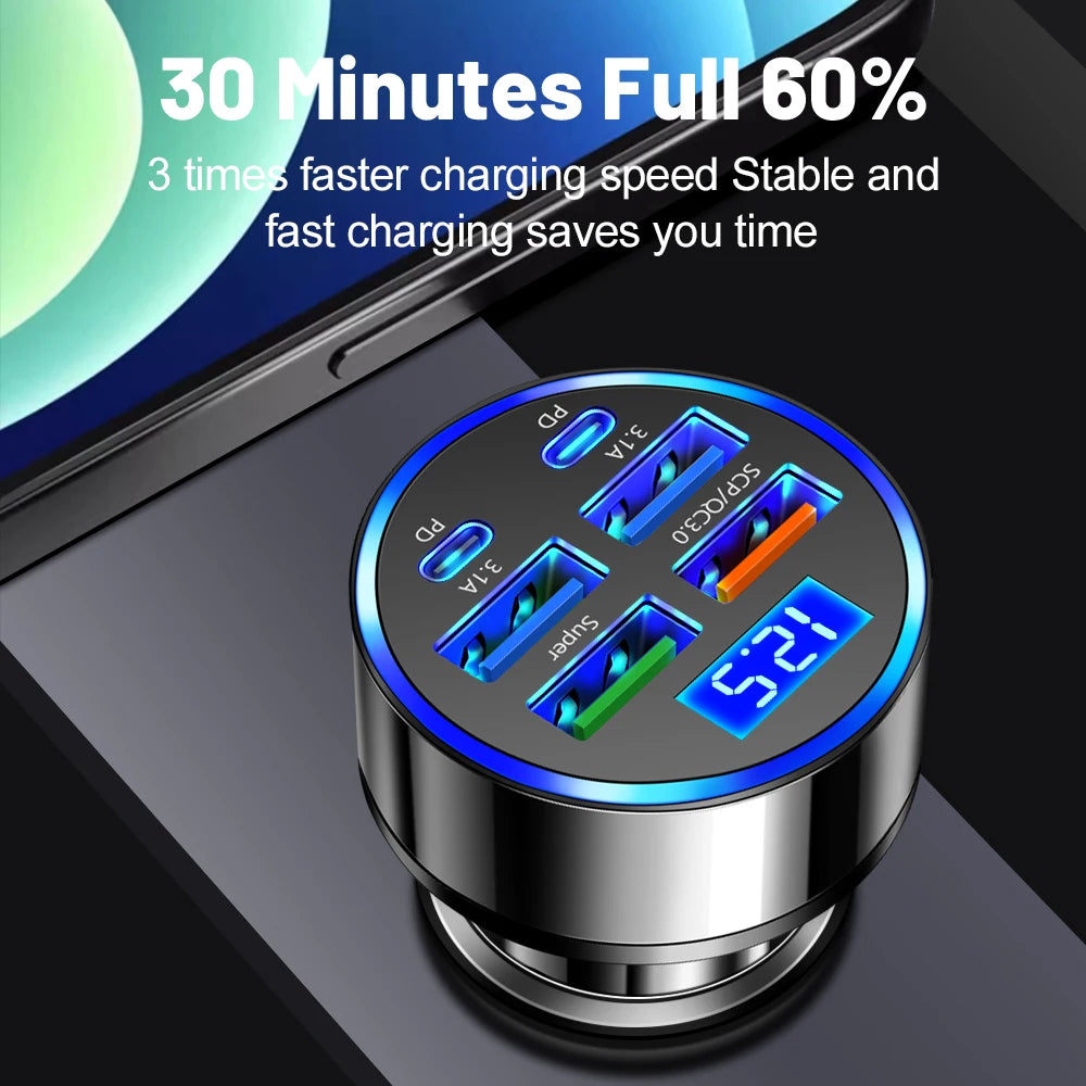 100W 6 Ports Car Fast Charger PD QC3.0 USB C Car Charger Type C For iPhone Samsung Huawei Xiaomi