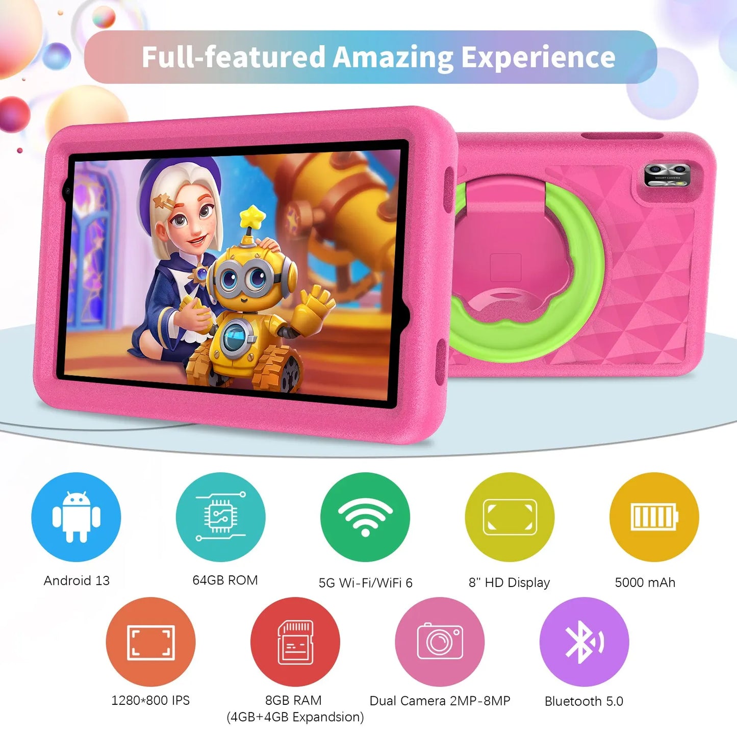 Kids Tablet 8 Inch, Android 13 Quad Core, 8GB(4+4expand)RAM+64GB ROM