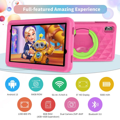 Kids Tablet 8 Inch, Android 13 Quad Core, 8GB(4+4expand)RAM+64GB ROM