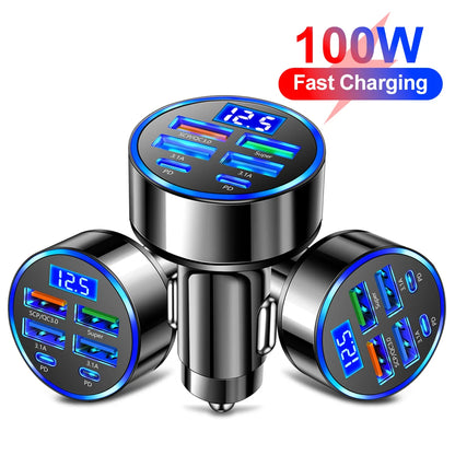 100W 6 Ports Car Fast Charger PD QC3.0 USB C Car Charger Type C For iPhone Samsung Huawei Xiaomi