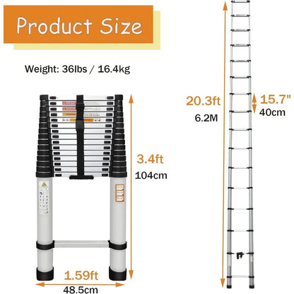 Telescoping Ladder 20.3ft Aluminum Folding Ladder w/2 Hooks, 330lbs Max Load. Anti-Slip Rubber Feet