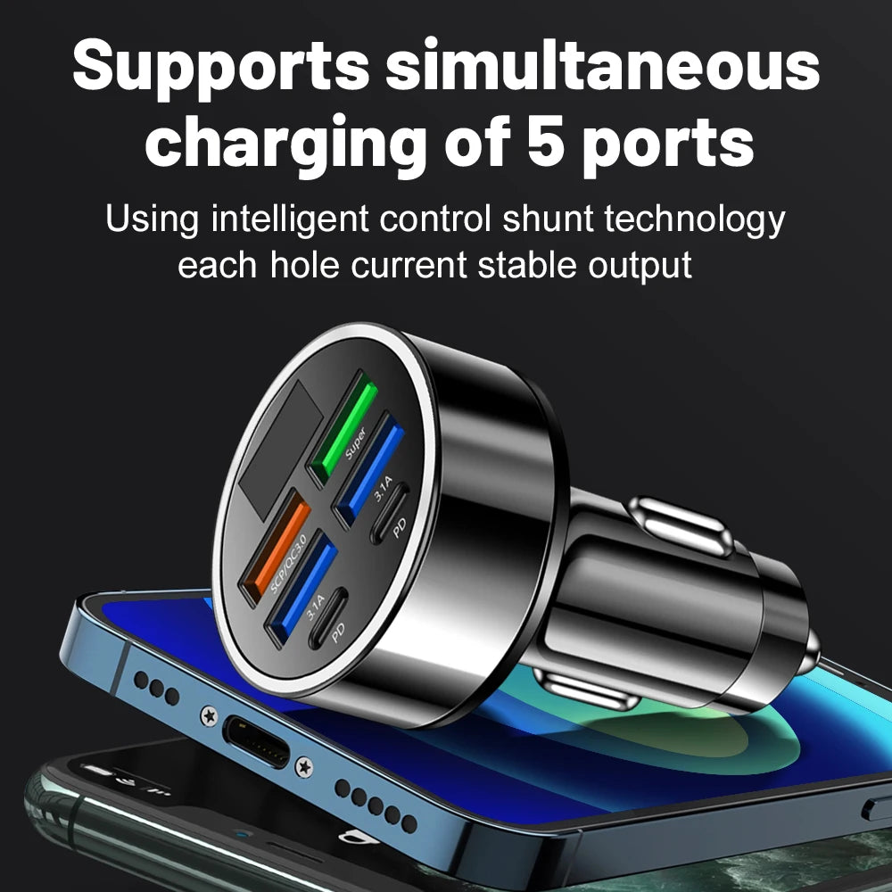 100W 6 Ports Car Fast Charger PD QC3.0 USB C Car Charger Type C For iPhone Samsung Huawei Xiaomi