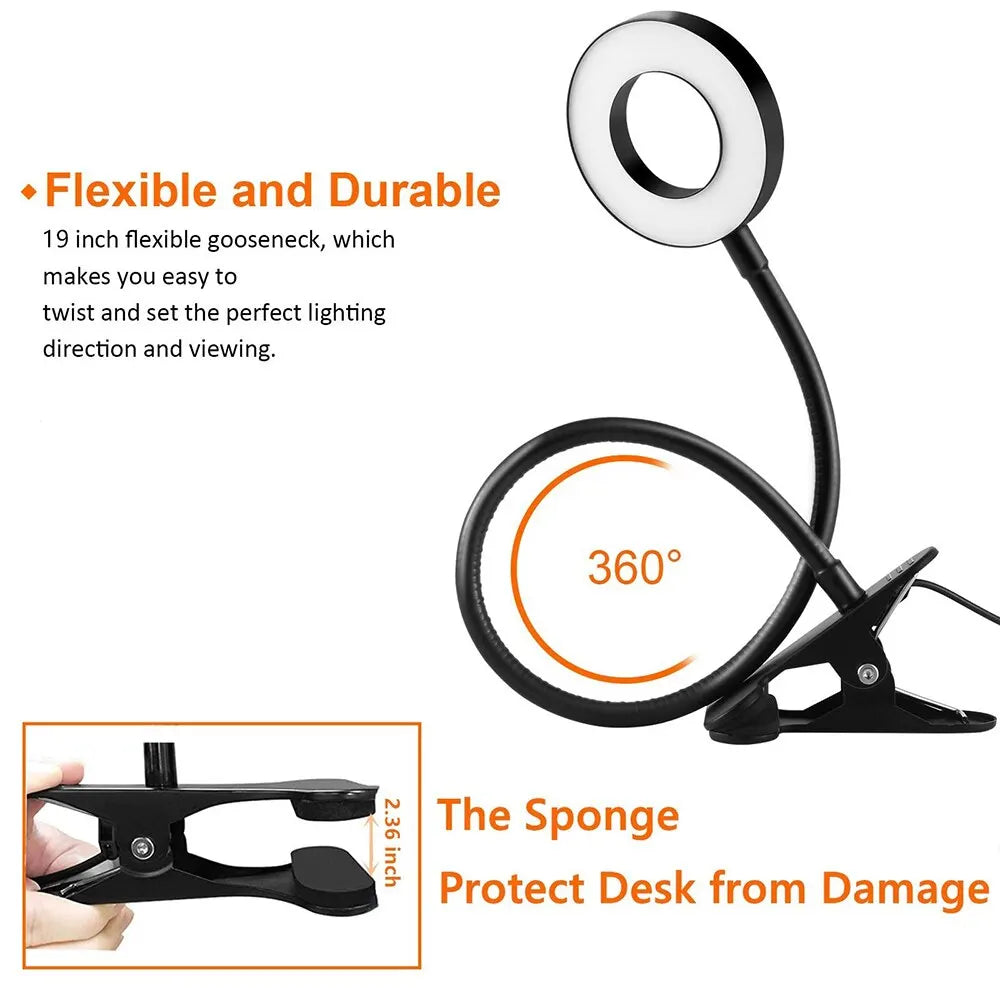 48 LEDs Desk Lamp 3 Brigthness Level Clip USB Book Light Bedside 360° Flexible Eye Protection Gooseneck