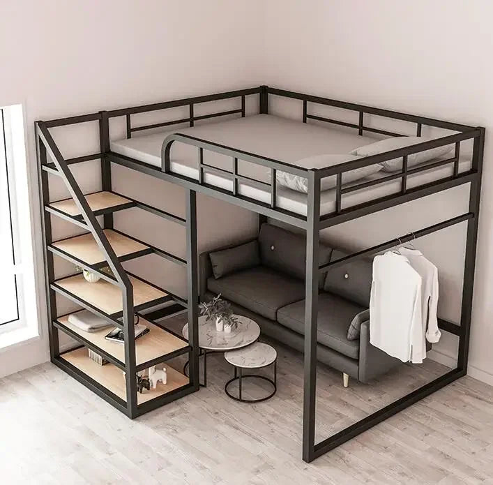 Iron work elevated bed under the empty single upper layer double layer small family space saving attic bunk apartment high and l