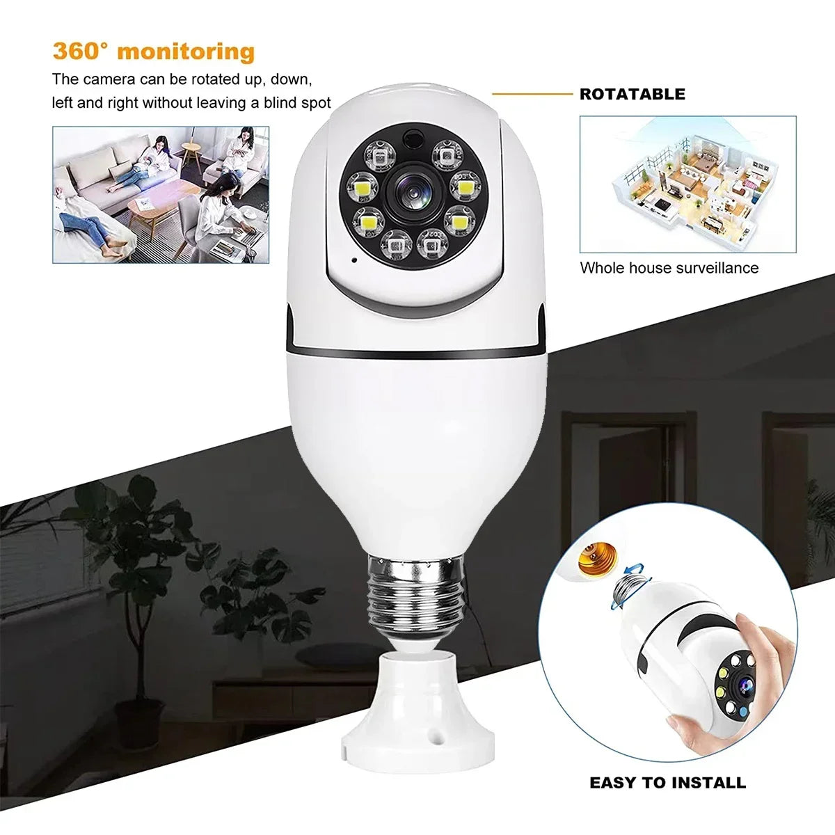 Wifi 5MP HD E27 Bulb Surveillance Cam Indoor 4X Digital Zoom AI Human Detect Full Color Night Vision Wireless Cam