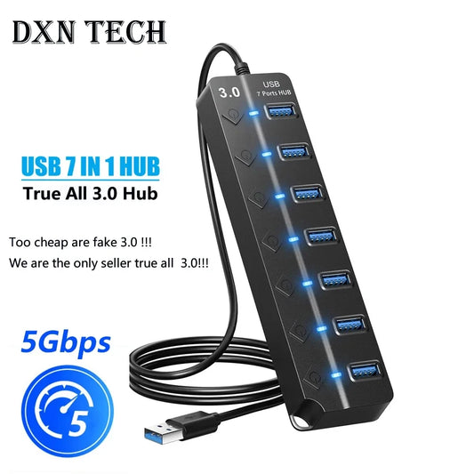 USB Hub 3.0 USB High Speed Splitter 7 Port 5Gbps Hub Power Adapter w/Switch Long Cable & Multi Expander Hub