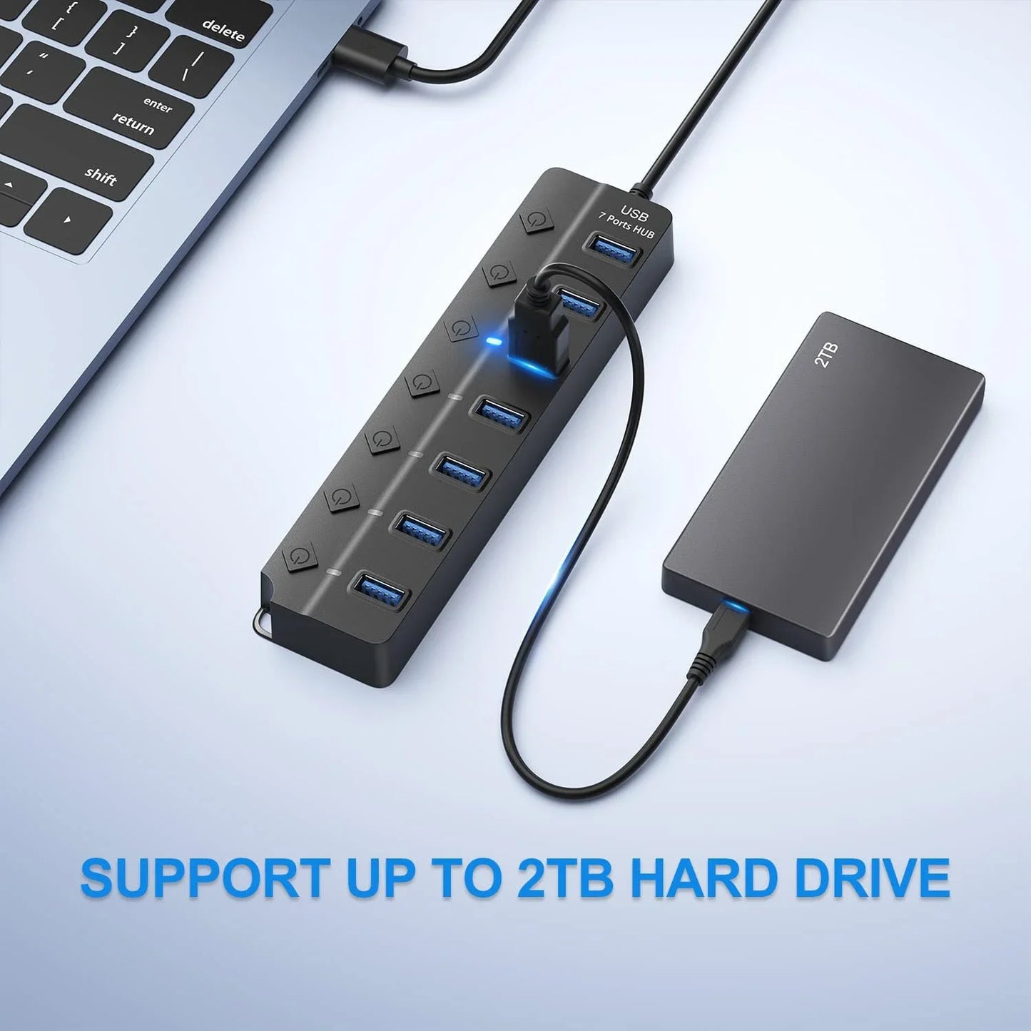 USB Hub 3.0 USB High Speed Splitter 7 Port 5Gbps Hub Power Adapter w/Switch Long Cable & Multi Expander Hub