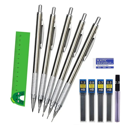 Metal Mechanical Pencil Set 0.5 0.7 0.9 1.3 2.0mm Art Drawing Auto Pencil with Leads Office School Supplies