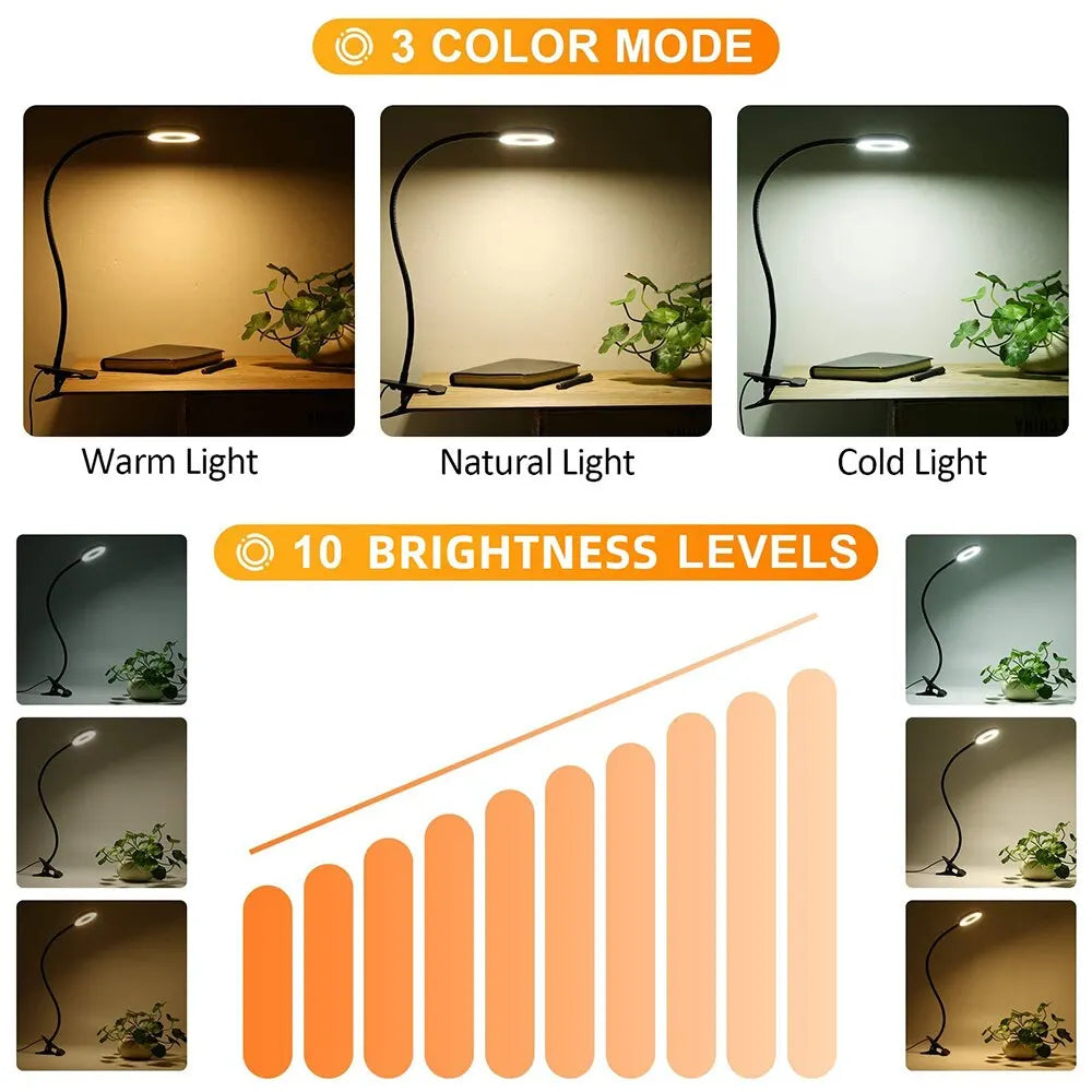 48 LEDs Desk Lamp 3 Brigthness Level Clip USB Book Light Bedside 360° Flexible Eye Protection Gooseneck